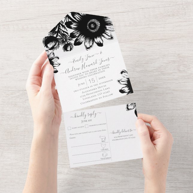 Elegante schwarze und weiße Sonnenblumen All In One Einladung (Abreißen)