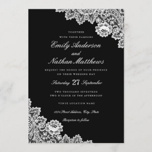 Elegante schwarze und weiße Spitzen-Hochzeitseinla Einladung