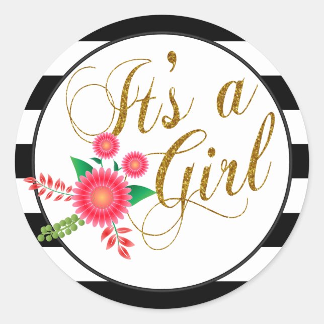 Elegante schwarze und weiße Streifen mit rosafarbe Runder Aufkleber (Vorderseite)