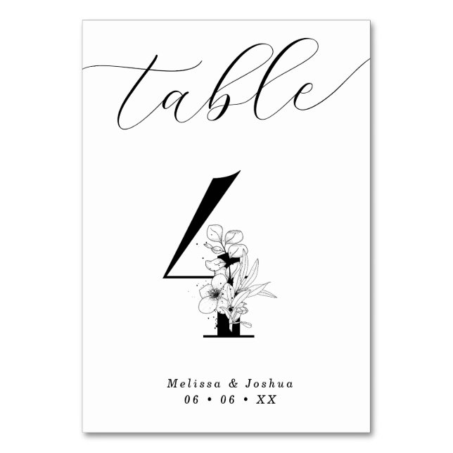 Elegante schwarze und weiße Tabelle 4 Tischnummer (Vorderseite)