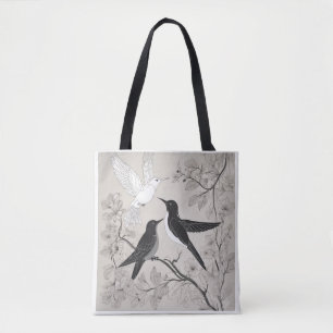 Elegante schwarze und weiße Vögel Floral Art Trage Tasche