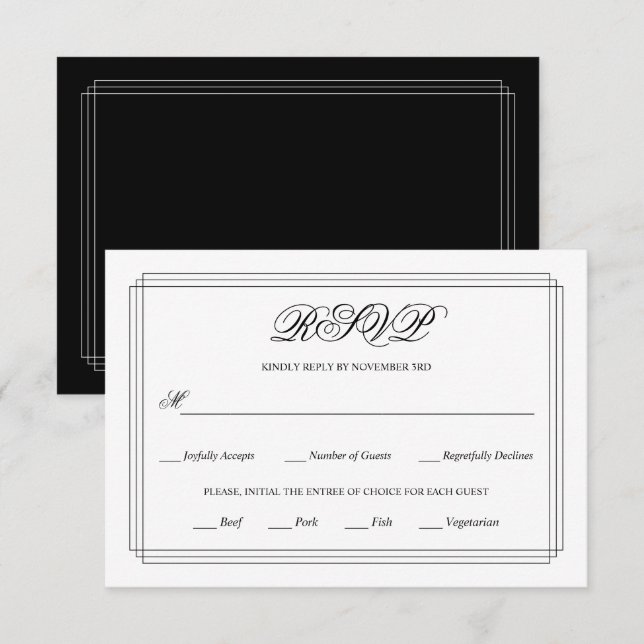 Elegante schwarze, weiße Grenze Altes Geld Hochzei RSVP Karte (Vorne/Hinten)