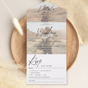 Elegante schwarze weiße Schrift 2 Fotos Hochzeit All In One Einladung