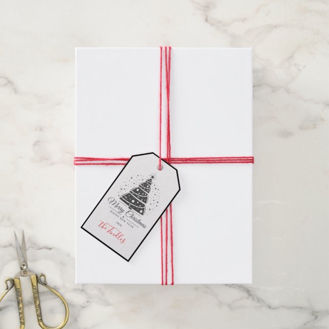 Elegante schwarze weiße Schrift Weihnachtsbaum im  Geschenkanhänger (Mit Garn)