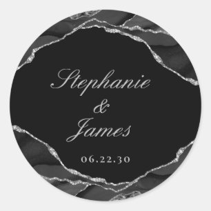 Elegante schwarze weiße Silberfolie Achat Hochzeit Runder Aufkleber