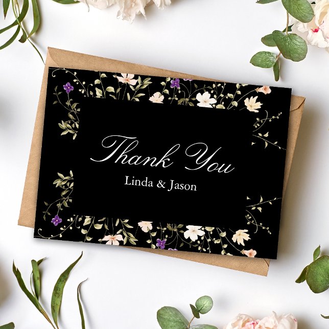 Elegante Schwarze Wildblumen Hochzeit Dankeschön K Einladung (Von Creator hochgeladen)