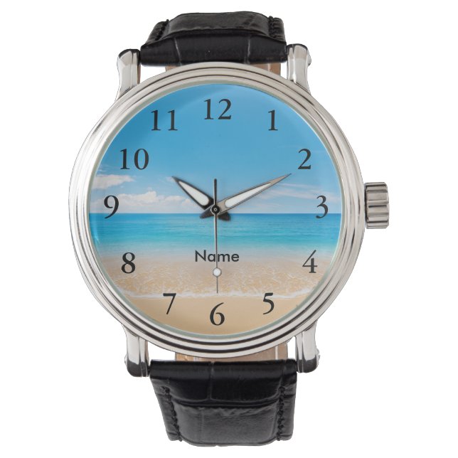 Elegante schwarze Zahlen Aqua Beach Szene personal Armbanduhr (Vorderseite)