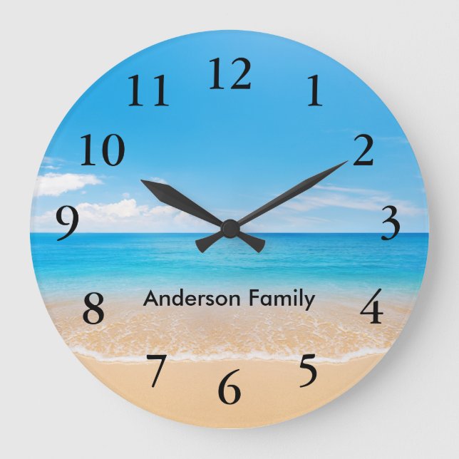 Elegante schwarze Zahlen Aqua Beach Szene personal Große Wanduhr (Vorderseite)