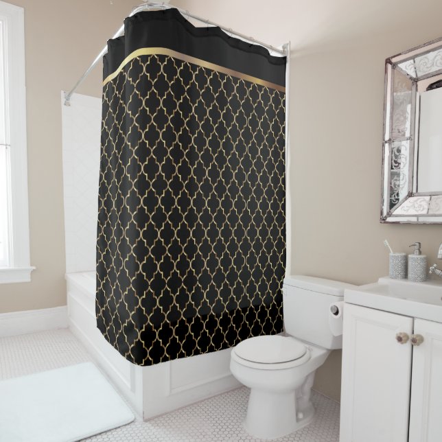 Elegante Schwarzes und GoldQuatrefoil Muster Duschvorhang (Beispiel)