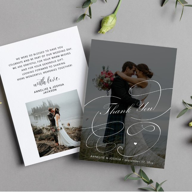 Elegante Schwarzweiß-2-Foto-Hochzeit Dankeskarte (Von Creator hochgeladen)