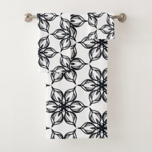 Elegante Schwarzweiss-Blüten Badhandtuch Set
