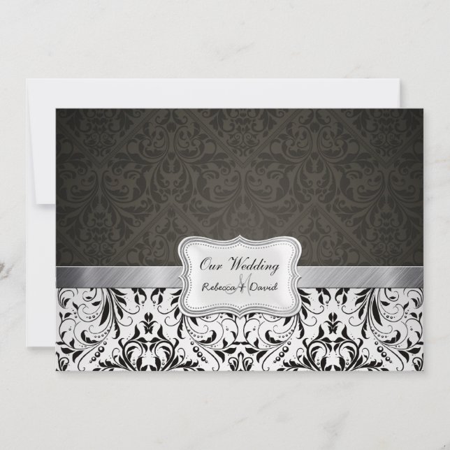 Elegante Schwarzweiss-Damast-Hochzeit lädt ein Einladung (Vorderseite)