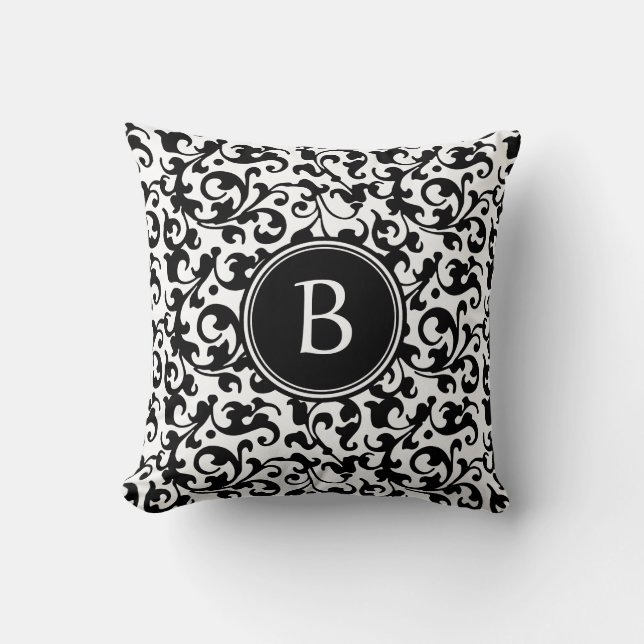 Elegante Schwarzweiss-Damast-Rolle mit Monogramm Kissen (Vorderseite)