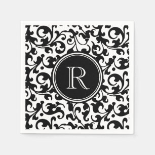 Elegante Schwarzweiss-Damast-Rolle mit Monogramm Serviette