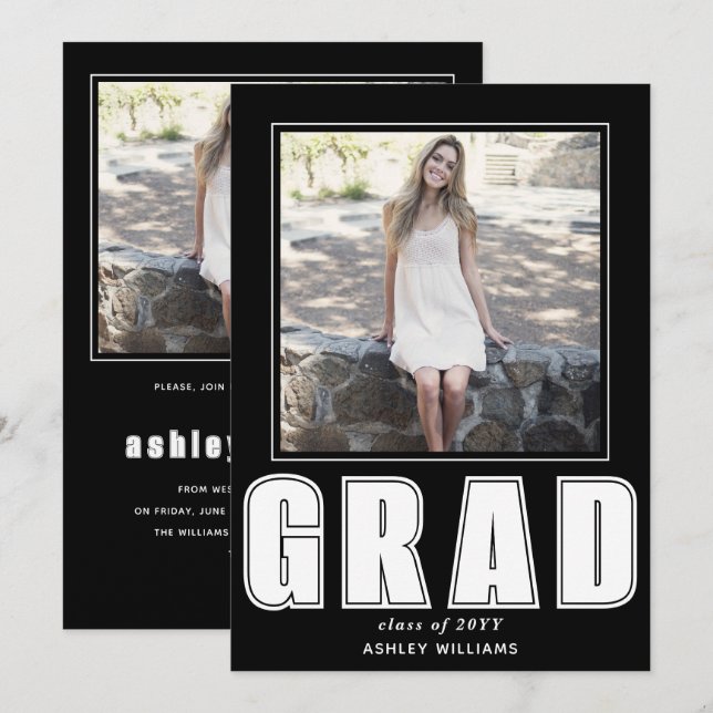 Elegante Schwarzweiß-GRAD-Klasse des Fotos 2025 Einladung (Vorne/Hinten)