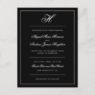 Elegante Schwarzweiss-Monogramm-Skript-Hochzeit Einladungspostkarte