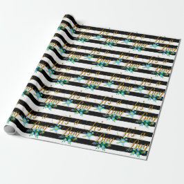 Elegante Schwarzweiss-Streifen mit blauem Blumen Geschenkpapier