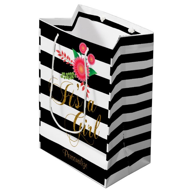 Elegante Schwarzweiss-Streifen mit rosa Blumen Mittlere Geschenktüte (Vorderseite Schrägansicht)