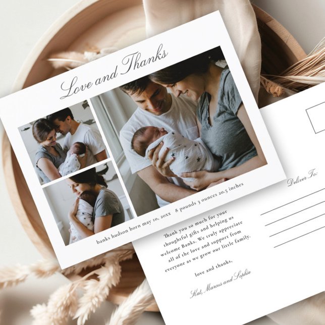 Elegante Script Baby Foto Ankündigung Vielen Dank Postkarte (Elegant script 3 photo baby announcement thank you postcard.)