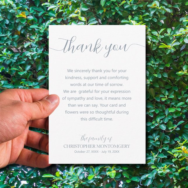 Elegante Script-Beerdigung Dankeskarte (Simple funeral thank you cards with blue lettering are 3.5" x 5" or choose a different size)