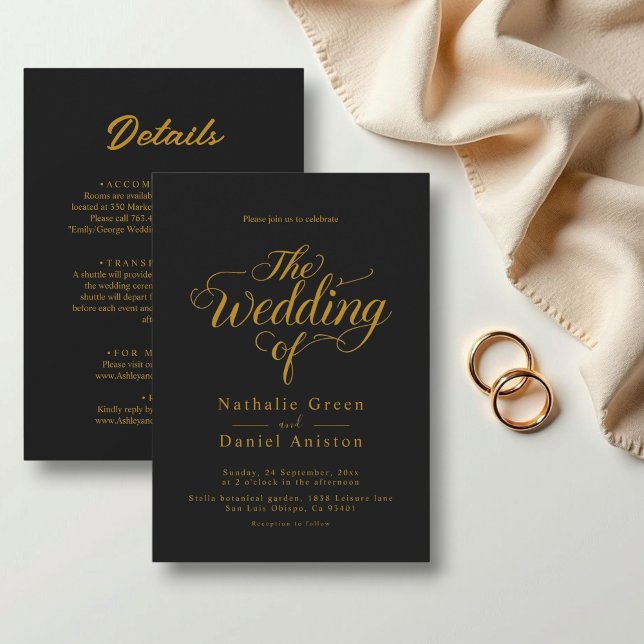 Elegante Script Black and Gold Klassik Hochzeit Einladung (Von Creator hochgeladen)