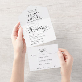 Elegante Script Black and White Calligraphy Weddin All In One Einladung