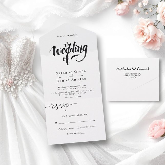Elegante Script Black and White Calligraphy Weddin All In One Einladung (Von Creator hochgeladen)
