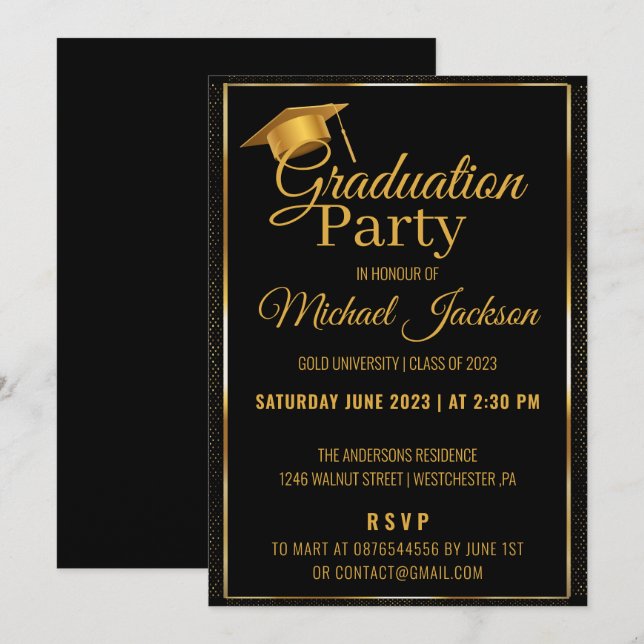Elegante Script Black Confetti Graduation Party Einladung (Vorne/Hinten)