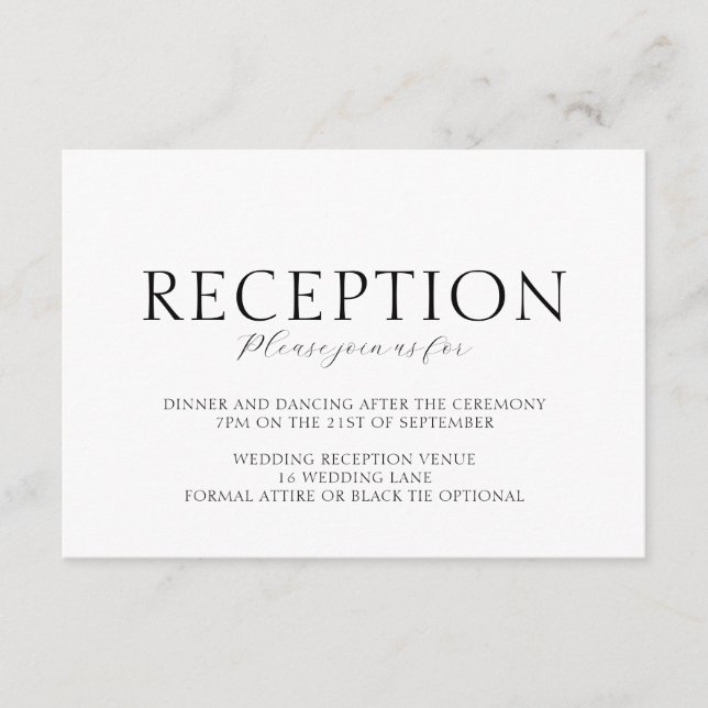 Elegante Script Black & White Wedding Reception Begleitkarte (Vorderseite)