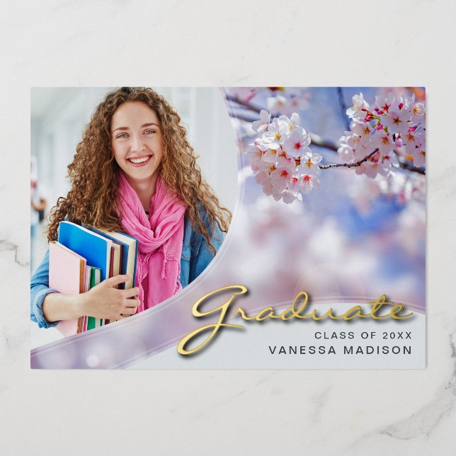 Elegante Script-Blume | Moderne Foto Grad Card Folieneinladung (Vorderseite)