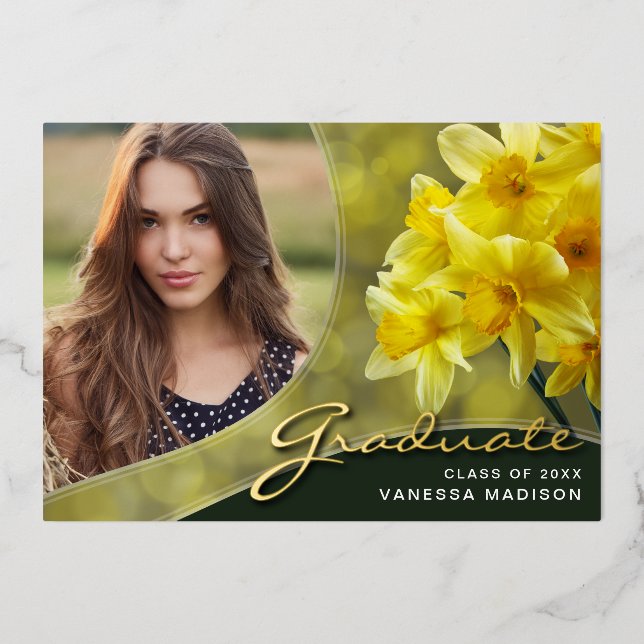Elegante Script-Blume | Moderne Foto Grad Card Folieneinladung (Vorderseite)