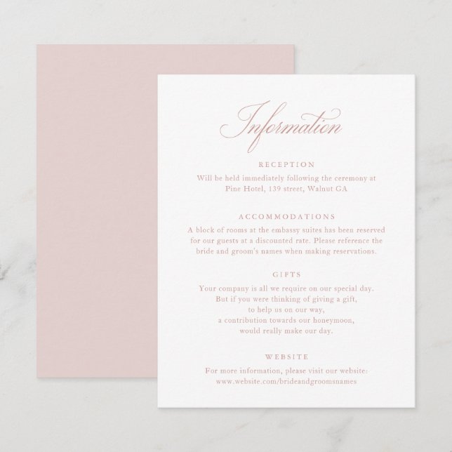 Elegante Script Blush Pink Wedding Info Card Einladung (Vorne/Hinten)