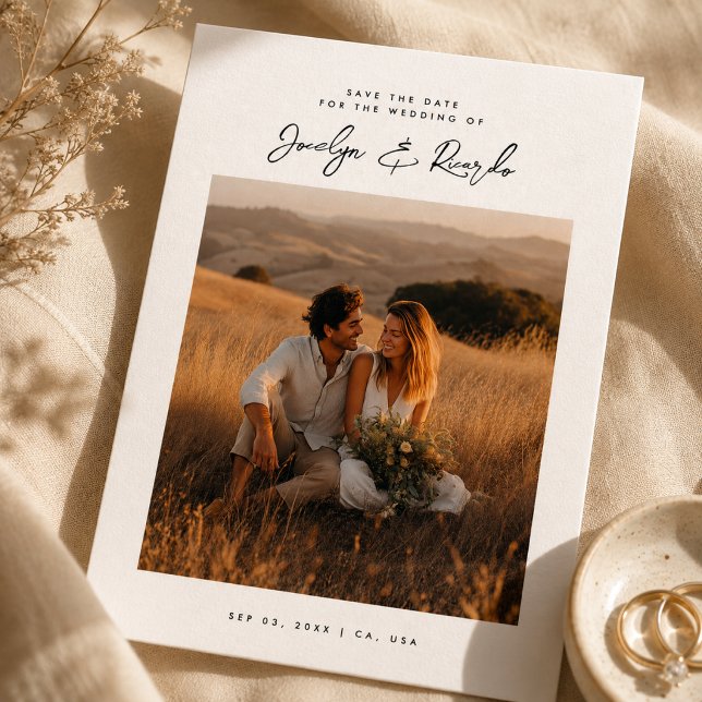 Elegante Script Boho-Foto Budget Save the Date (Von Creator hochgeladen)
