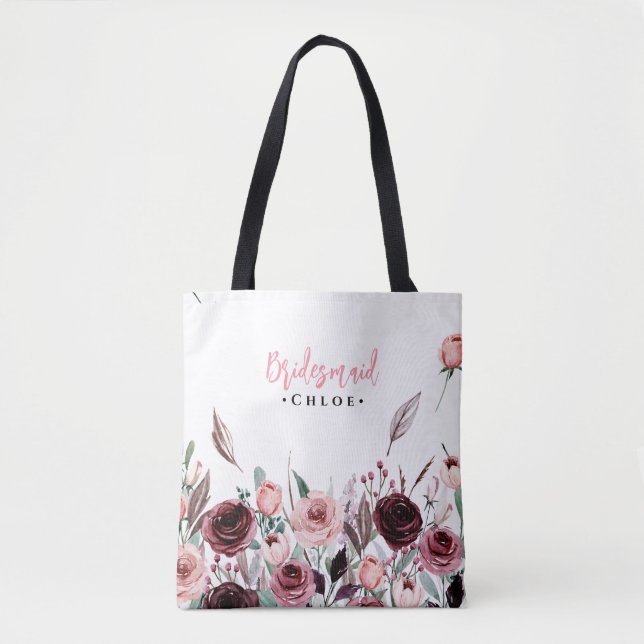 Elegante Script Bridesmaid-Tasche | Burgund Floral Tasche (Vorderseite)