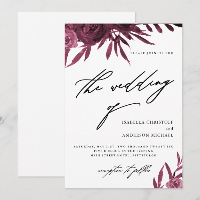 Elegante Script Burgundy Floral Wedding Einladung (Vorne/Hinten)