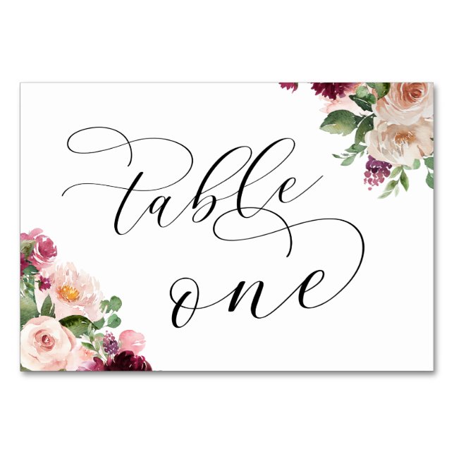Elegante Script Burgundy Floral Wedding Reception  Tischnummer (Vorderseite)