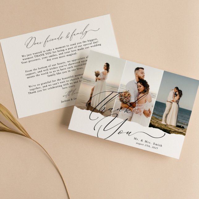 Elegante Script Calligraphy 3 Foto Collage Wedding Dankeskarte (Von Creator hochgeladen)