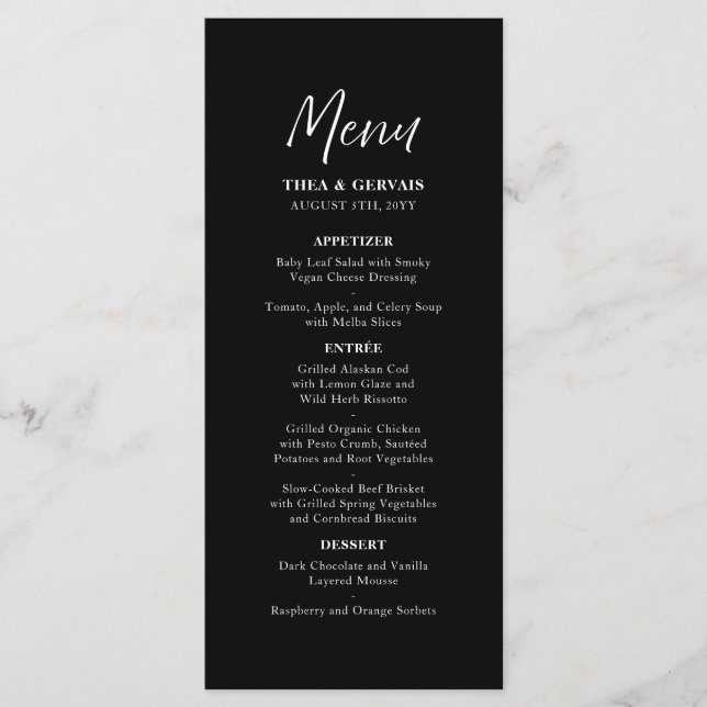 Elegante Script Calligraphy Black Wedding Menükarte (Vorderseite)