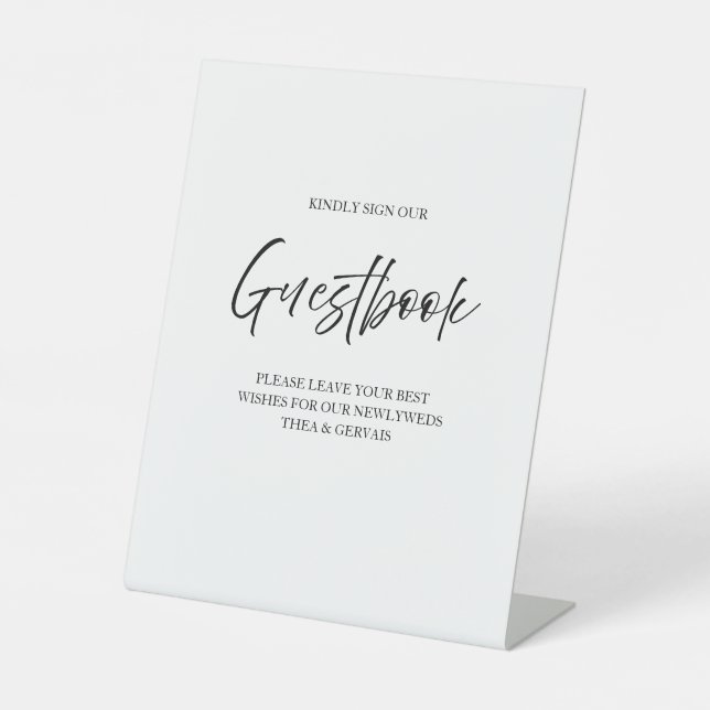 Elegante Script Calligraphy Gästbook White Wedding Sockelschild (Vorderseite)