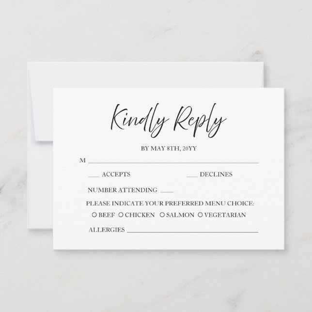 Elegante Script Calligraphy Minimal White Wedding RSVP Karte (Vorderseite)