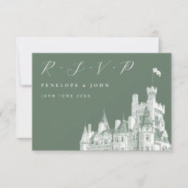 Elegante Script Castle Sage Green Wedding RSVP Karte