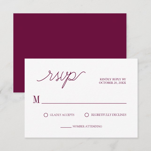 Elegante Script Chic Burgundy Minimale Hochzeit RSVP Karte (Vorne/Hinten)