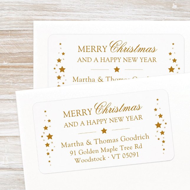Elegante Script Christmas Gold Stars Rücksendeadre Adressaufkleber (Elegant, festive Merry Christmas and a Happy New Year return address label with golden stars.)