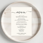 Elegante Script Cream Wedding Reception Menükarte<br><div class="desc">Elegante helle cremefarbene Rezeptionsmenü mit "Menü" in einem schicken Kalligraphie-Skript mit Swashes,  Ihr individuelles Menü in schlichter moderner Typografie,  Ihre Vornamen verbunden mit einem Herz und Ihr Empfang Datum.</div>