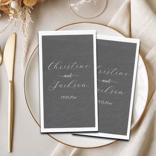 Elegante Script dunkelgraue Hochzeit Serviette (Von Creator hochgeladen)