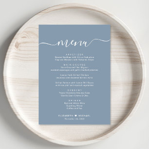 Elegante Script Dusty Blue Hochzeitsempfang Menükarte