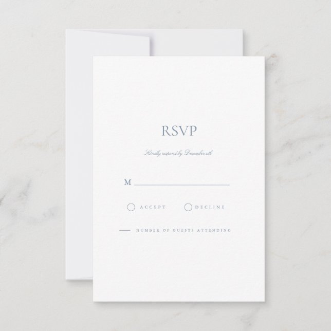 Elegante Script Dusty Blue & White RSVP Card (Vorderseite)