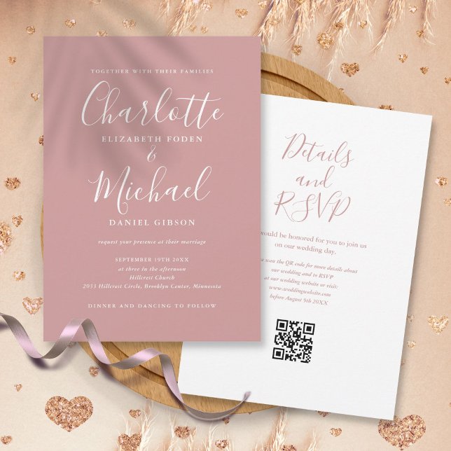 Elegante Script Dusty Rose Moderne QR Code Hochzei Einladung (Elegant Script Dusty Rose Modern QR Code Wedding Invitation)