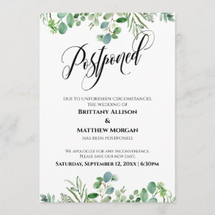 Elegante Script Eucalyptus Postponed Wedding Card Einladung