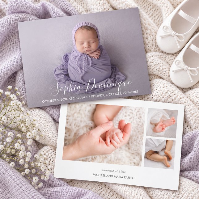 Elegante Script Foto Collage Geburtshinweise (Photo collage baby birth announcements, PRINTED and/or INSTANT DOWNLOAD)
